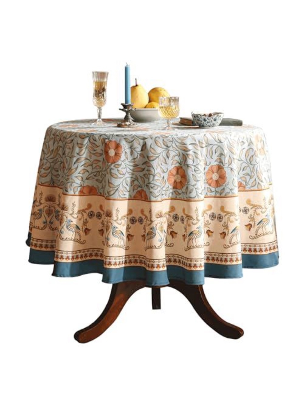 Floral Border Round Tablecloth in Cream and Teal